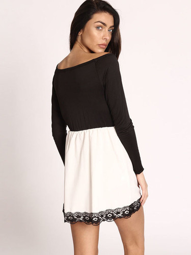 Casual Boat Neck Decorative Lace Color Block Skater Dress