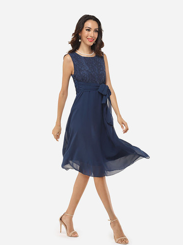 Casual Lace Patchwork Plain Graceful Round Neck Skater-dress