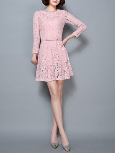 Casual Solid Round Neck Belt Hollow Out Lace Skater Dress