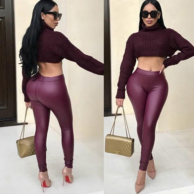 Purple Ruffle Elastic Waist Fashion PU Leather Long Leggings