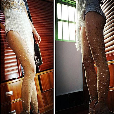Skin Colour Patchwork Rhinestone Elastic Waist Net Socks Long Leggings