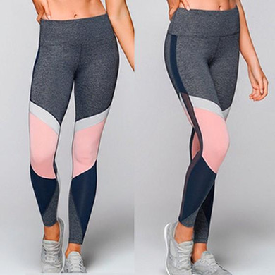 Grey Patchwork Print Elastic Waist Casual Long Leggings