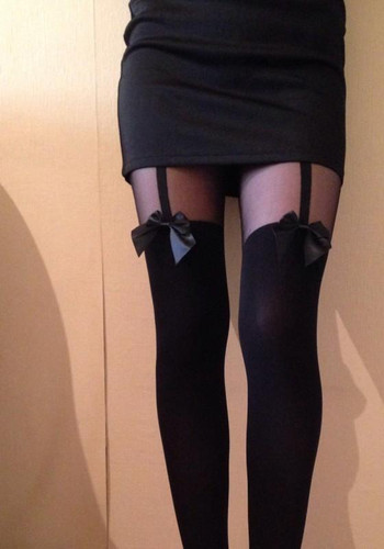 Black Tattoo Mock Bow Suspender Sheer Stockings Cute Thigh High Pantyhose Leggings