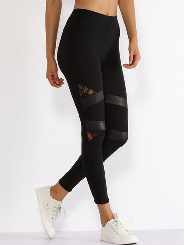 Casual Lace Patchwork Plain Slim-leg Mid-rise Leggings
