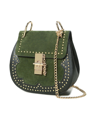 Casual Patchwork Rivets Chain Round Crossbody Bag