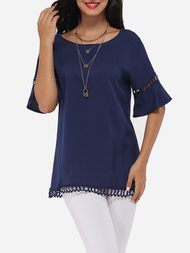 Casual Mandarin Sleeve Round Neck Linen Hollow Out Plain Short-sleeve-t-shirt Casual Mandarin Sleeve Round Neck Linen Hollow Out Plain Short-sleeve-t-shirt