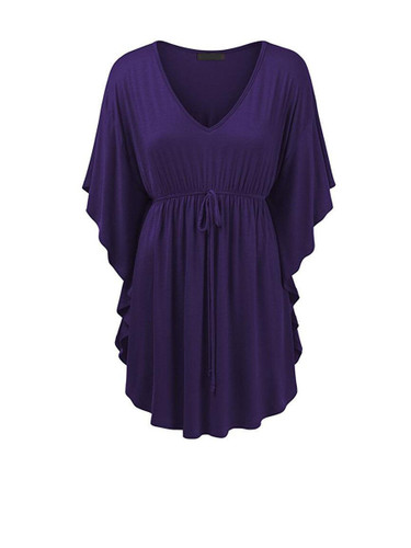 Casual Basic Deep V-Neck Elastic Waist Plain Cape Sleeve T-Shirt Casual Basic Deep V-Neck Elastic Waist Plain Cape Sleeve T-Shirt