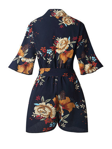 Casual Cute Floral Print V neck Strappy Romper