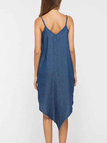 Casual Spaghetti Strap Embroidery Asymmetric Hem Denim Shift Dress