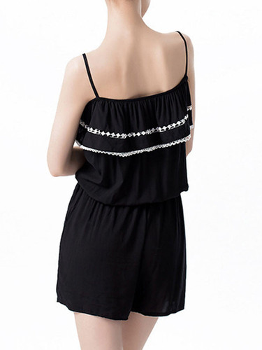 Casual Spaghetti Strap Contrast Trim Flounce Pocket Romper Casual Spaghetti Strap Contrast Trim Flounce Pocket Romper