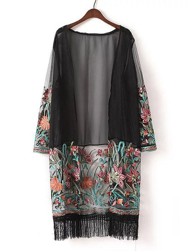 Casual Longline Fringe Patchwork See-Through Embroidery Floral Kimono