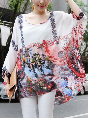 Casual See-Through Printed Round Neck Batwing Sleeve Tunic