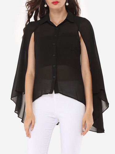 Casual Plain Cape Sleeve Elegant Button Down Collar Blouse