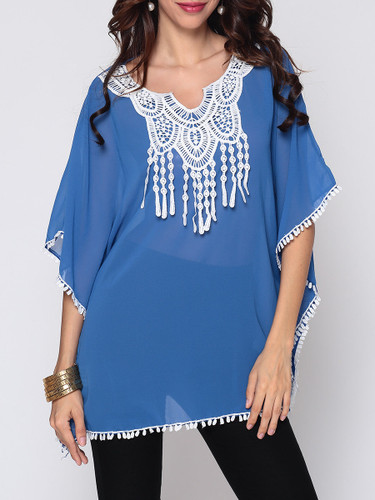 Casual Hollow Out Lace Batwing Designed Round Neck Blouse Casual Hollow Out Lace Batwing Designed Round Neck Blouse