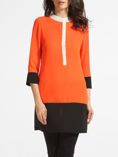 Casual Single Breasted Band Collar Chiffon Color Block Patchwork Blouse