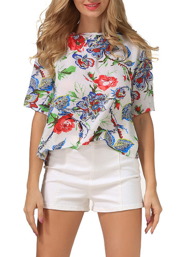 Casual Crew Neck Back Hole Floral Printed Blouse