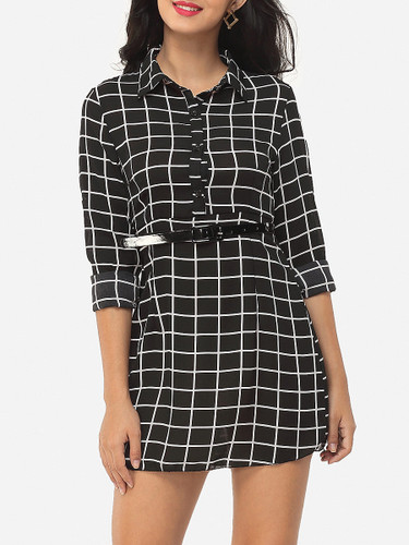 Casual Plaid Single Breasted Designed Polo Collar Blouse