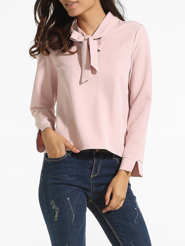 Casual Loose Fitting Bow Collar Dacron Plain Blouse