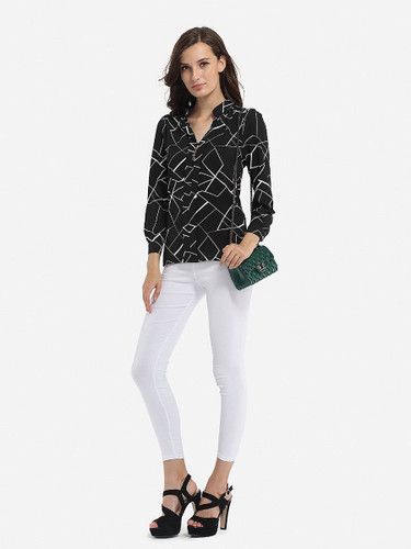 Casual Band Collar Chiffon Printed Blouse