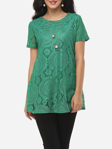 Casual Hollow Out Lace Plain Elegant Round Neck Blouse