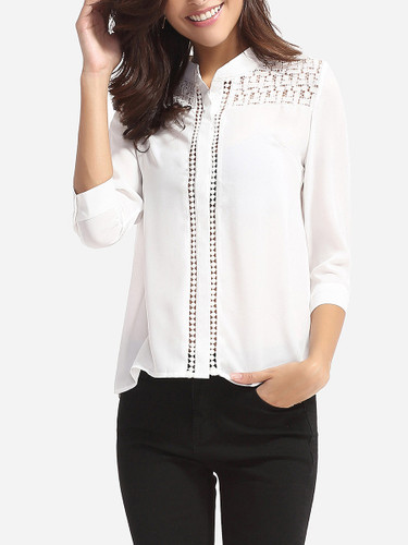 Casual Hollow Out Plain Chic Band Collar Blouse Casual Hollow Out Plain Chic Band Collar Blouse