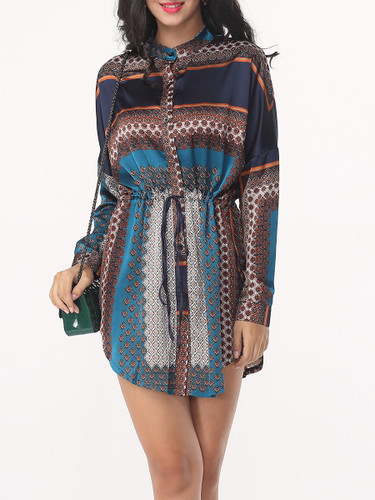 Casual Bohemian Printed Drawstring Captivating Band Collar Blouse