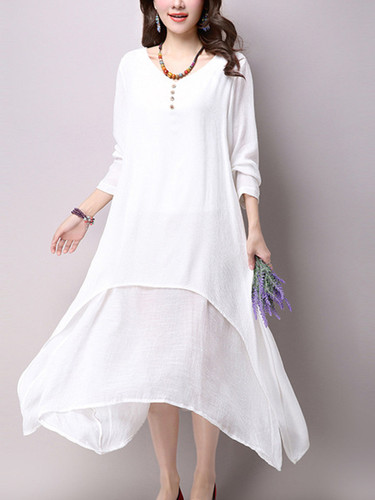 Casual V-Neck Asymmetric Hem Double Layer Shift Dress