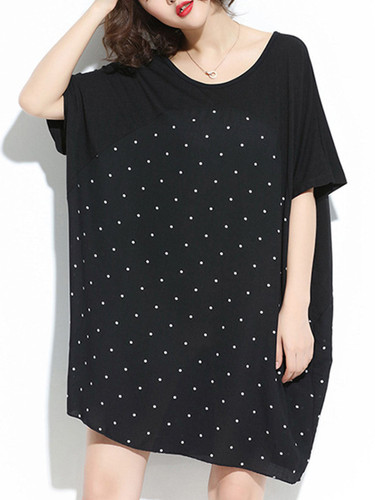 Casual Round Neck Polka Dot Oversized Shift Dress