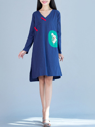 Casual V-Neck Decorative Button Color Block Embroidery Shift Dress