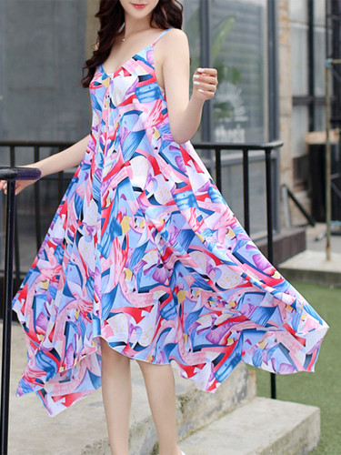Casual Spaghetti Strap Printed Chiffon Maxi Dress With Asymmetric Hem