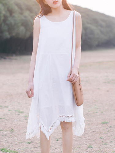 Casual Round Neck Plain Shift Dress With Fringe Asymmetric Hem