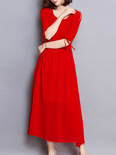 Casual Round Neck Keyhole Solid Chiffon Tie Sleeve Maxi Dress
