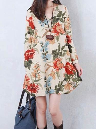 Casual V-Neck Floral Printed Sack Shift Dress