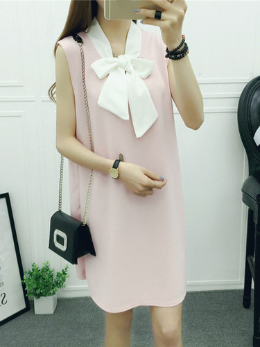 Casual Tie Collar Color Block Bowknot Shift Dress