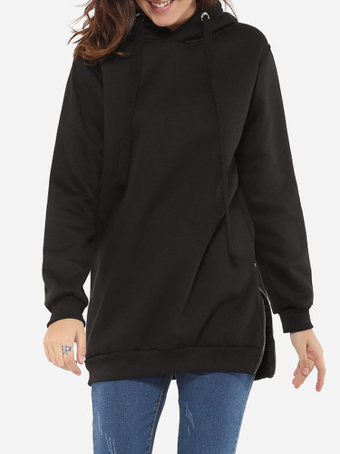Casual Zips Plain Drawstring Hoodie