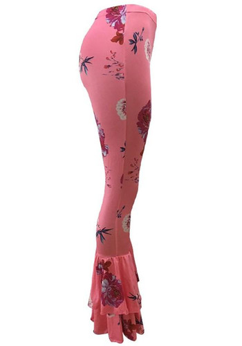 Pink Floral Print Cascading Ruffle High Waisted Fashion Long Flare Pants
