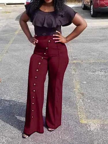 New Burgundy Irregular Single Breasted High Waisted Elegant Wide Leg Long Pants