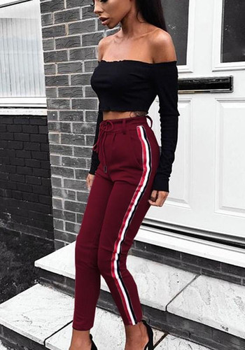 Red Striped Drawstring Pockets Casual Long Pants