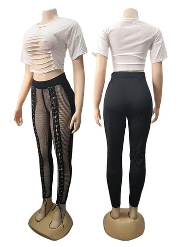 New Black Patchwork Grenadine Lace-up High Waisted Clubwear Party Long Pant