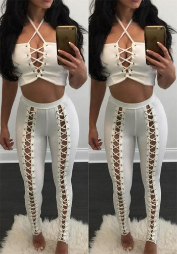 New White Cut Out High Waisted Cross Lace Up Long Pants