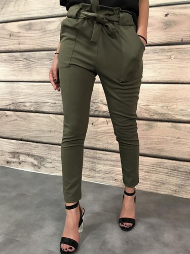 New Green Pockets Belt High Waisted Casual Long Pants