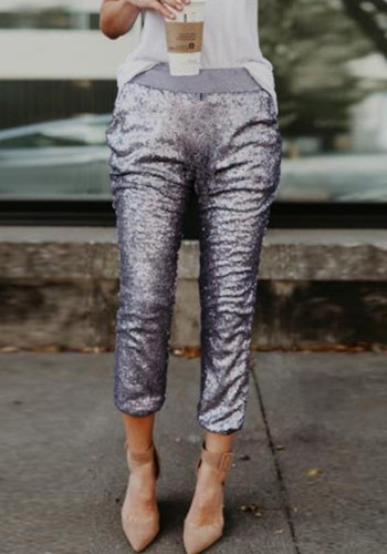 Light Silver Patchwork Sequin Pockets Sparkly High Waisted Nine's Pants