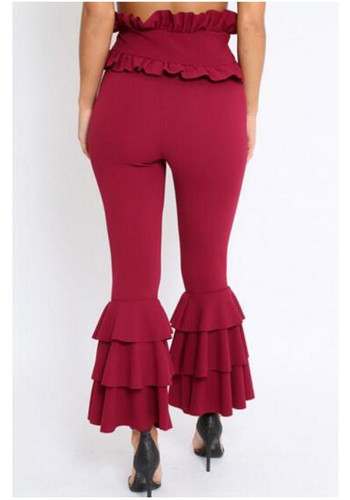 Burgundy Ruffle Skinny High Waisted Wide Leg Long Pants