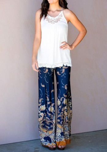 Blue Floral Print Elastic Waist Casual Long Pants