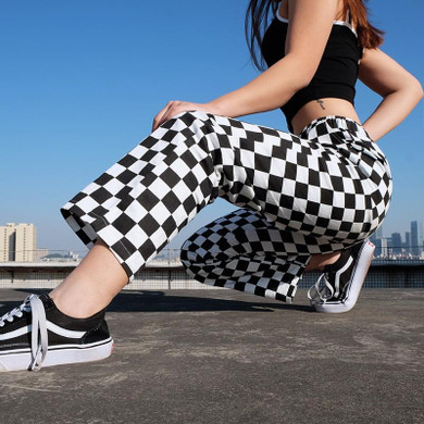 Black White Plaid Print High Waisted Wide Leg Long Pants