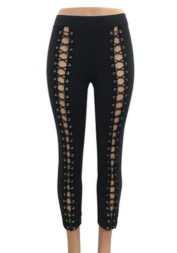 Black Plain Hollow-out Drawstring High Waisted Long Pants