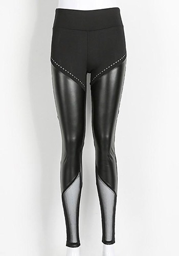 Black Patchwork PU Leather Grenadine Elastic Waist Sports Long Pants