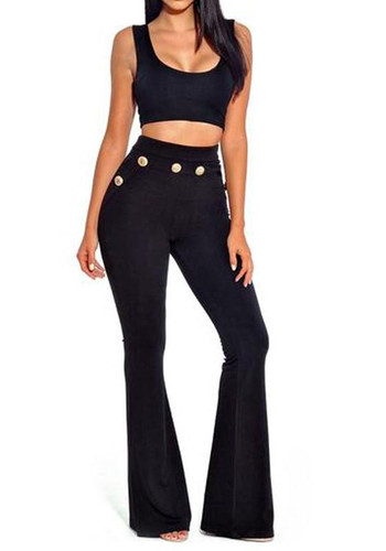 Black Buttons High Waisted Wide Leg Flare Fashion Pants