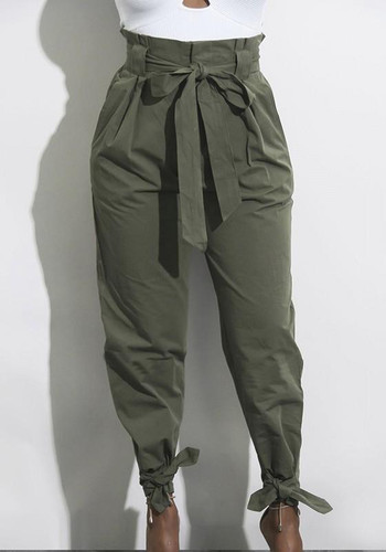 Army Green Pockets Sashes Casual Long Pants