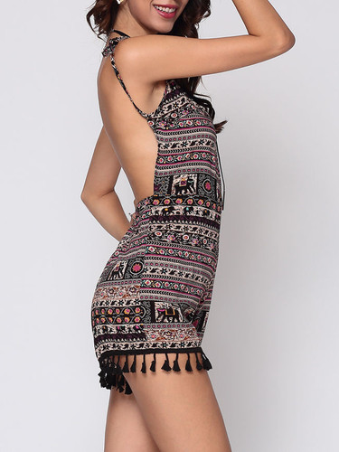 Casual Bohemian Tribal Printed Tassel Captivating Backless Rompers